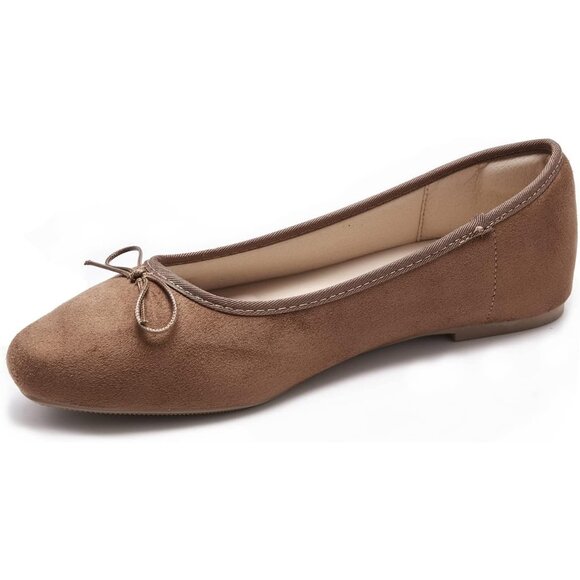 Women's A-brown Polyurethane Round Toe Comfortable Bow Ballet Flats Shoes - Picture 3 of 7